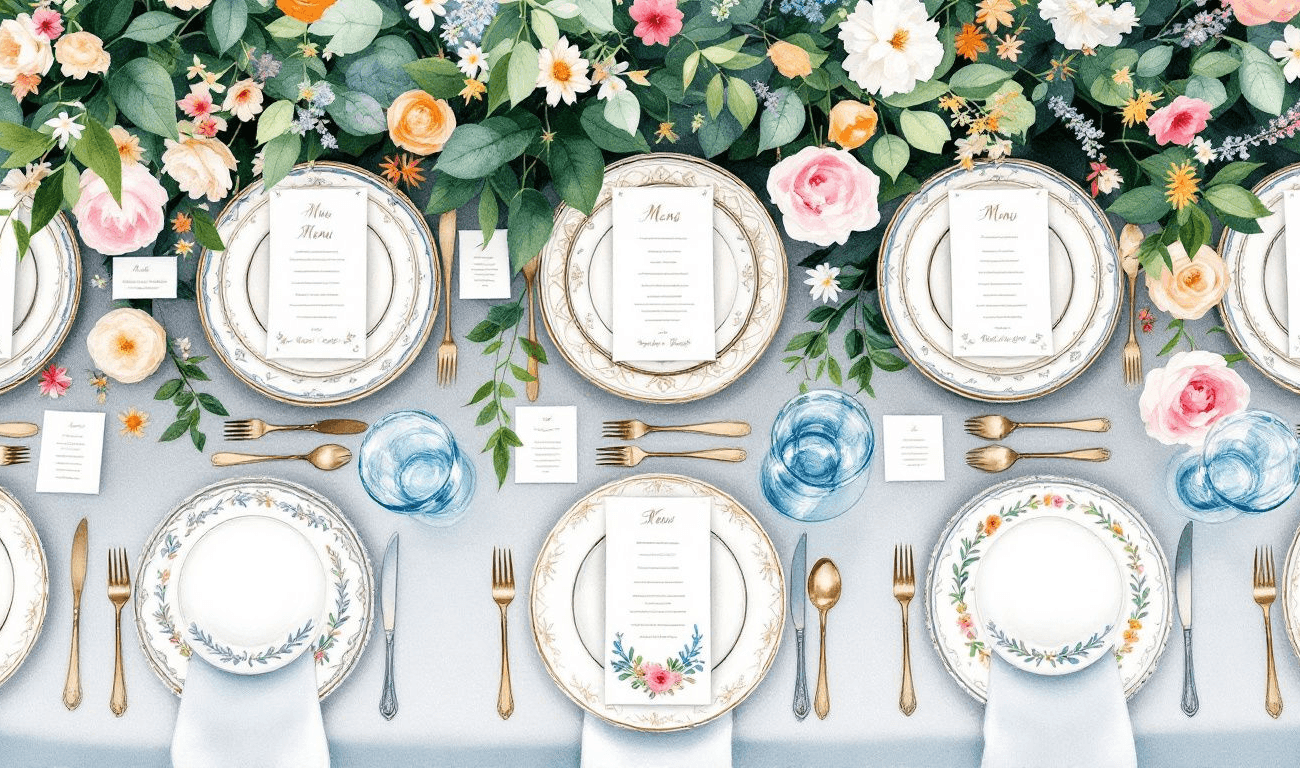 Personalizowane dodatki na stół weselny, takie jak winietki i menu.