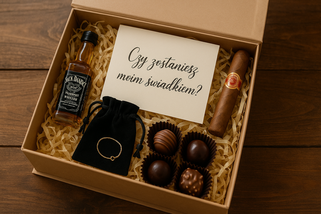 kreatywne zaproszenie dla świadka w pudełku