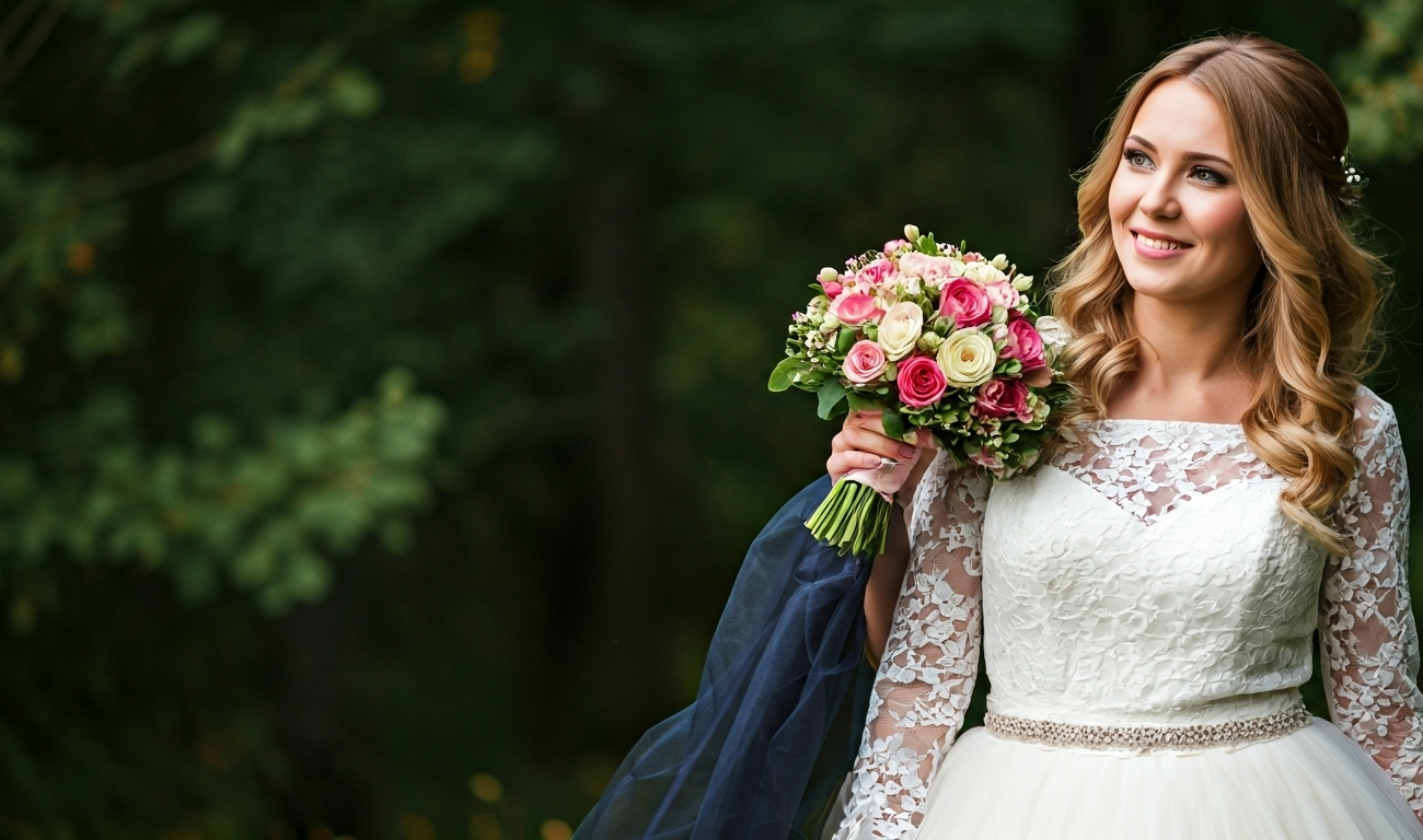 Suknia ślubna z personalizowanymi haftami i peleryną podczas sesji zdjęciowej w otoczeniu zieleni, sala weselna Marki