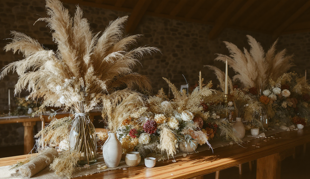 Naturalne dekoracje weselne z pampasową trawą, suszonymi kwiatami i roślinami w rustykalnym wnętrzu, sala weselna w lesie pod Warszawą