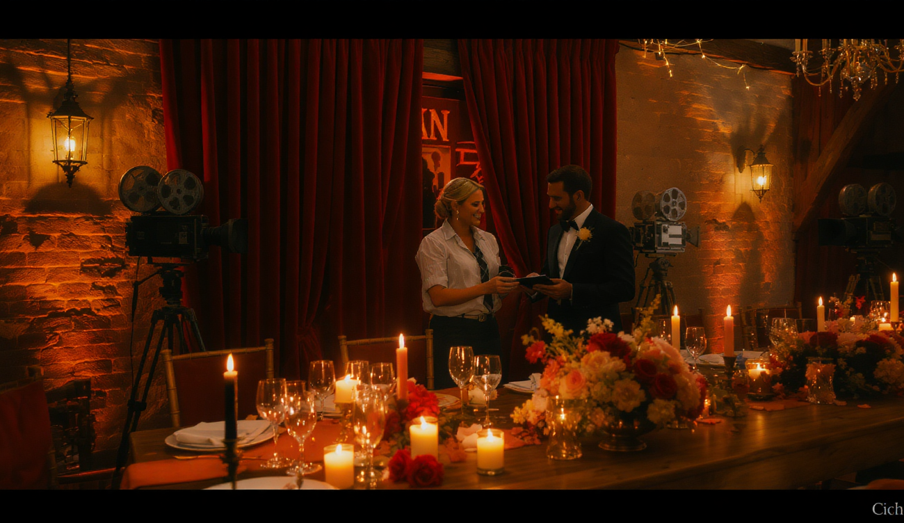 Wesele filmowe inspirowane klasyką kina z vintage dekoracjami i elementami teatralnymi, romantyczna atmosfera w Małej Stajni Cicha 23"