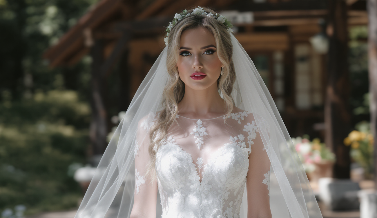 Panna młoda w sukni z warstwowym tiulem i 3D haftami na tle rustykalnej architektury, miejsce weselne w lesie niedaleko Warszawy