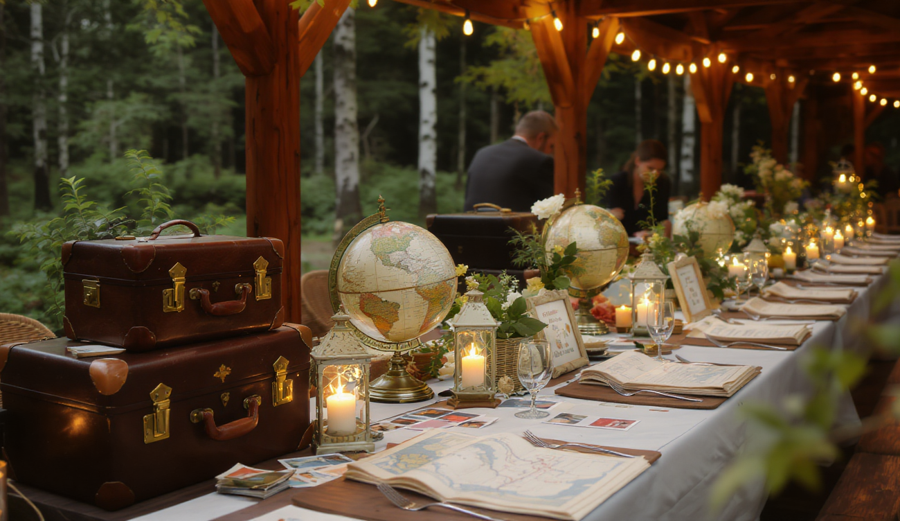 Wesele z motywem podróżniczym z mapami świata, walizkami vintage i globusami w klimatycznej atmosferze, event place w lesie Marki