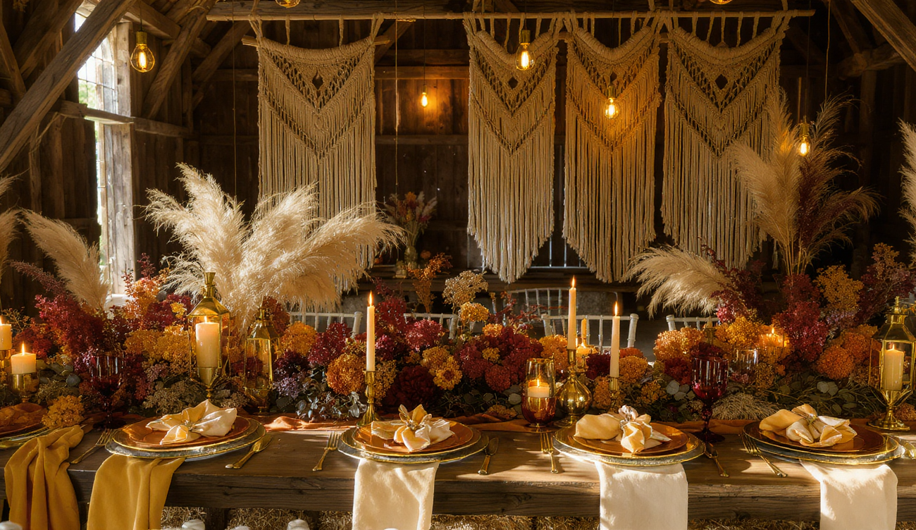 Dekoracja weselna w stylu vintage lat 70. z złotymi akcentami i naturalnymi kwiatami w Dużej Stajni, sala weselna Marki pod Warszawą