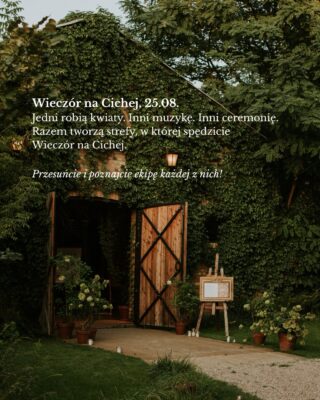 Został mniej niż tydzień! 🌛 

Wtorkowy wiecz&oacute;r, 25 sierpnia, spędzimy razem z naszymi partnerami na rozmowach, rozmowach, rozmowach&hellip; z Wami! Chcemy dać Wam niepowtarzalną możliwość, abyście poznali nasze miejsce w najlepszym wydaniu - wpadajcie koniecznie, jeśli marzycie i planujecie wesele, ślub, przyjęcie lub event na Cichej. 🫶🏻

Łapcie jeszcze garść przydatnych info:

✍🏻 Dla Waszego komfortu rejestracja na wydarzenie jest obowiązkowa, ale nie martwcie się, jeśli nie otrzymacie powiadomienia na emaila, wszystko gra bez tego! Link do rejestracji znajdziecie w wydarzeniu na FB - polecamy kliknąć &bdquo;wezmę udział&rdquo;, aby być na bieżąco.

Zaplanujcie do nas dojazd od ulicy Piłsudskiego w 
Markach, a w aplikacjach przewozowych / taxi wybierzcie 
📍 Cicha 23 Event Place.
📌 Czekamy na Was od 19:00 do 23:00, 
Do zobaczenia 🌛

#cicha23 #kimuraglamping #slub #wesele #slubplenerowy